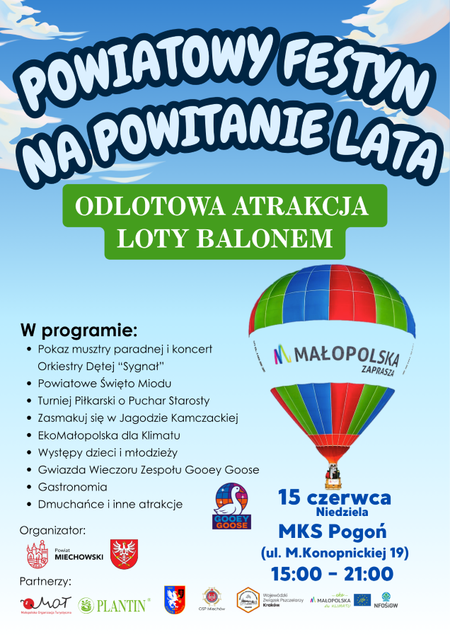 Plakat z informacjami dotyczącymi Powiatowego Festynu Na Powiatanie Lata