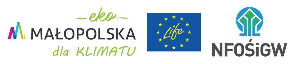 Od lewej Logo Małopolska eko dla klimatu, w środku flaga Unii Europejskiej z napisem Life, po prawej logo Narodowego FUnduszu Ochrony Środowiska i Gospodarki Wodnej