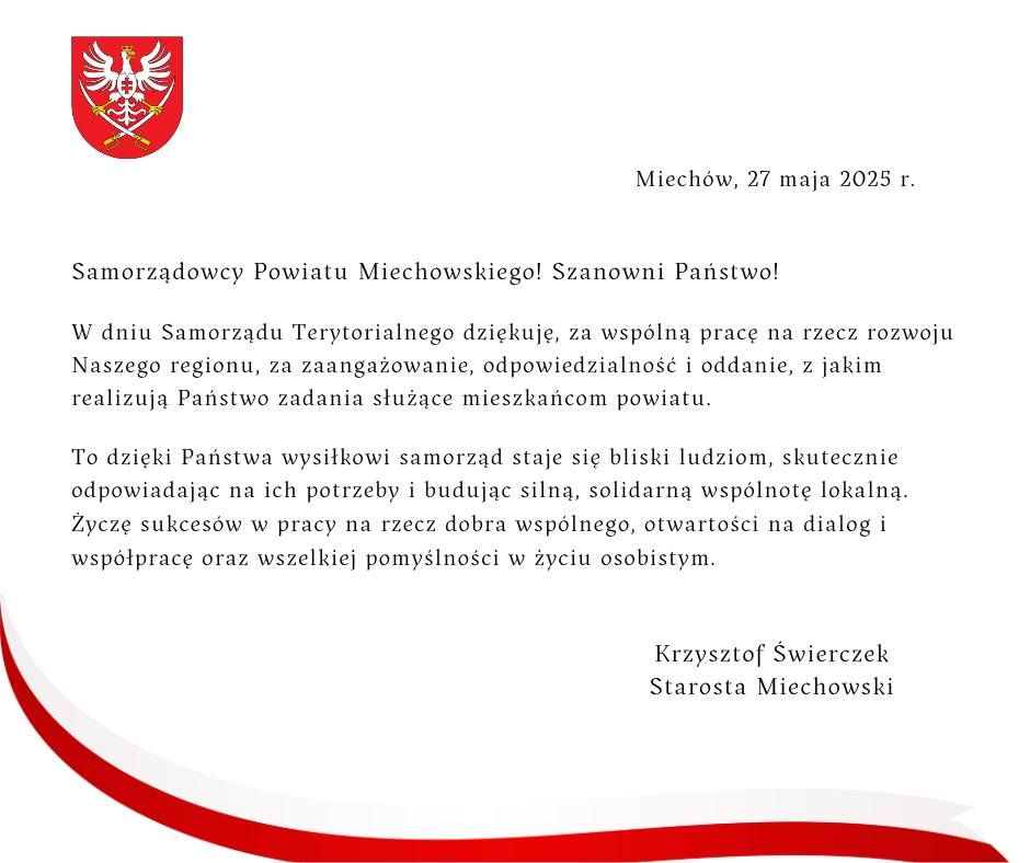 Życzenia Starosty Miechowskiego z okazji Dnia Samorządu Terytorialnego.