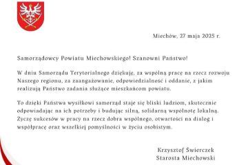 Życzenia Starosty Miechowskiego z okazji Dnia Samorządu Terytorialnego.