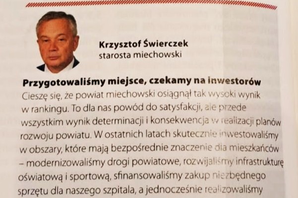 Powiat Miechowski najlepszy w wojew&oacute;dztwie małopolskim w rankingu Pisma &bdquo;Wsp&oacute;lnota&rdquo;