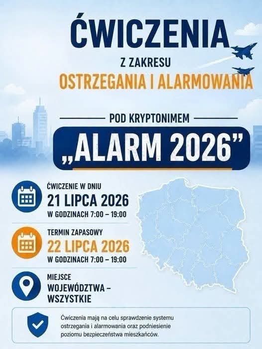 Plakat informacyjny o ćwiczeniach z zakresu ostrzegania i alarmowania o zagrożeniu z powietrza pod kryptonimem „ALARM 2026”