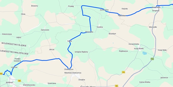 mapa wyścigu na terenie powiatu miechowskiego