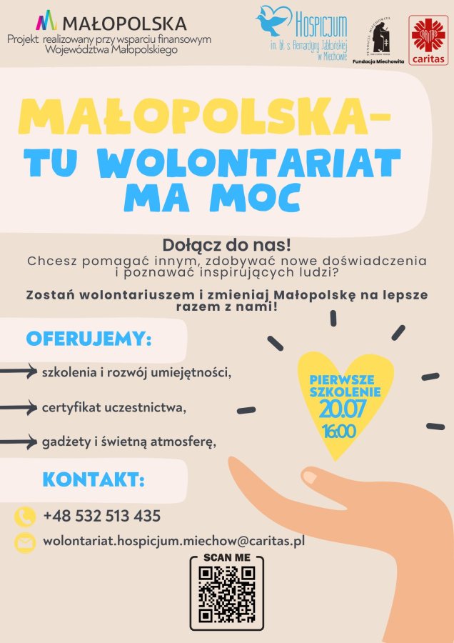 Plakat informacyjny szkolenia dla wolontariuszy organizowane przez Fundację Miechowita