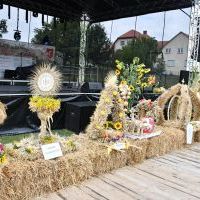 Wieńce samorząd&oacute;w ziemi miechowskiej na Dożynkach Powiatowych w Książu Wielkim